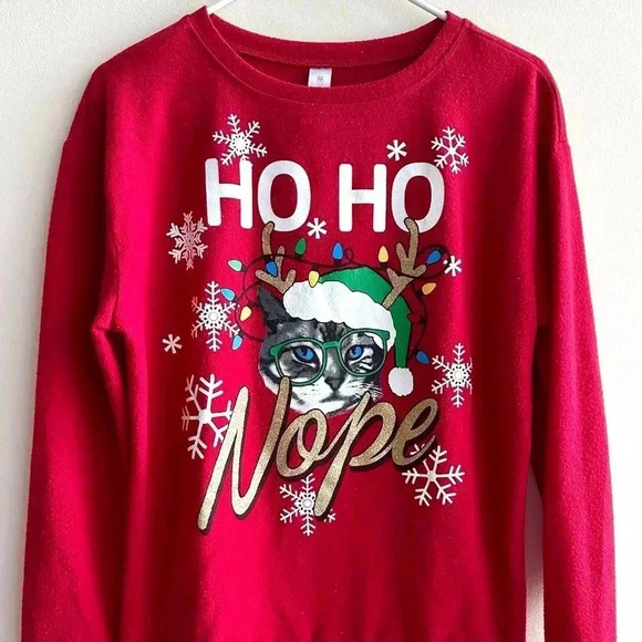 Ho Ho Nope Cat Ugly Christmas Sweater, Red Holiday Sweater, Glitter, Size Med - Picture 2 of 16